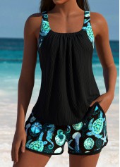 ROTITA Tummy Coverage Black Marine Life Print Tankini Set