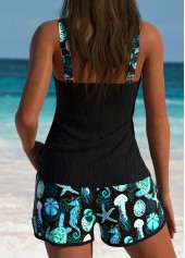 Black swimwear,Animal Print swimwear,ROTITA Tummy Coverage Black Marine Life Print Tankini Set