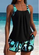 Black swimwear,Animal Print swimwear,ROTITA Tummy Coverage Black Marine Life Print Tankini Set