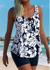 ROTITA Tummy Coverage Navy Tropical Plants Print Tankini Set