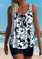 Navy swimwear,Plants swimwear,ROTITA Tummy Coverage Navy Tropical Plants Print Tankini Set