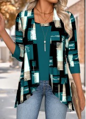 Blackish Green tops,Geometric tops,ROTITA Tummy Coverage Geometric Print Blackish Green Blouse