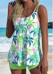 Light Green swimwear,Plants swimwear,ROTITA Tummy Coverage Light Green Tropical Plants Print Tankini Set