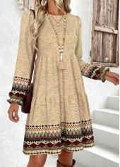 Light Camel dresses,Tribal dresses,Everyday dresses,Casual dresses,ROTITA Tummy Coverage Tribal Print Light Camel Round Neck Dress