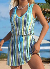 Cyan swimwear,Striped swimwear,Geometric swimwear,ROTITA Pull On Cyan Multi Stripe Print Cover Up