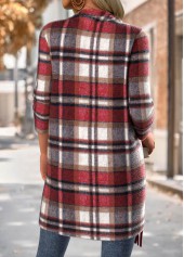 Red tops,Plaid tops,Geometric tops,ROTITA Tummy Coverage Plaid Red Draped Neck Long Sleeve Coat
