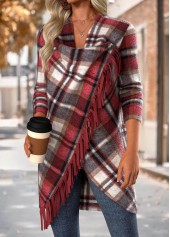 Red tops,Plaid tops,Geometric tops,ROTITA Tummy Coverage Plaid Red Draped Neck Long Sleeve Coat