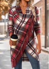 ROTITA Tummy Coverage Plaid Red Draped Neck Long Sleeve Coat