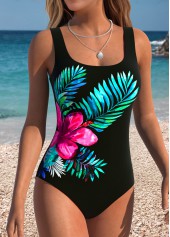 Black swimwear,Floral swimwear,Plants swimwear,ROTITA Tummy Control Black Floral Print One Piece Swimwear