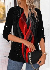 Black tops,Ombre tops,ROTITA Tummy Coverage Ombre Black Split Neck 3/4 Sleeve Blouse