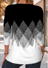 Black tops,Geometric tops,ROTITA Tuck Stitch Geometric Print Black Split Neck Blouse