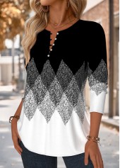 Black tops,Geometric tops,ROTITA Tuck Stitch Geometric Print Black Split Neck Blouse