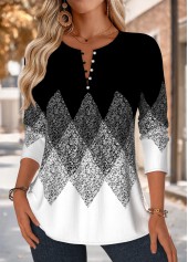 Schwarze Rotita-Bluse mit Biesenstich und geometrischem Print und geteiltem Ausschnitt