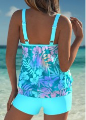 Cyan swimwear,Floral swimwear,Plants swimwear,ROTITA Tummy Coverage Cyan Floral Print Mid Waisted Tankini Set