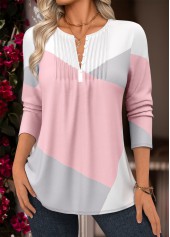 ROTITA Tuck Stitch Geometric Print Blue Split Neck Blouse