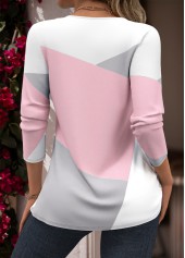 Light Pink tops,Geometric tops,ROTITA Tuck Stitch Geometric Print Blue Split Neck Blouse