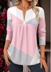 Light Pink tops,Geometric tops,ROTITA Tuck Stitch Geometric Print Blue Split Neck Blouse