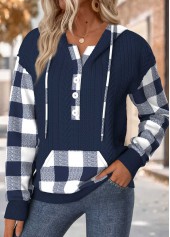 Rotita Kapuzenpullover mit Bauchabdeckung kariert marineblau langärmelig