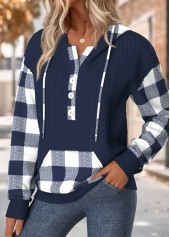 Navy tops,Plaid tops,Geometric tops,ROTITA Tummy Coverage Plaid Navy Long Sleeve Hoodie