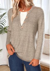 Gray Brown tops,Contrast Color tops,ROTITA Tummy Coverage Gray Brown Split Neck T Shirt