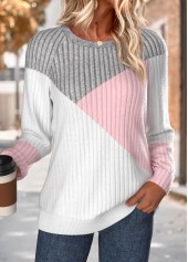 Multi Color tops,Contrast Color tops,ROTITA Tummy Coverage Multi Color Round Neck Long Sleeve Sweatshirt