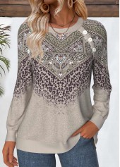 ROTITA Tummy Coverage Tribal Print Gray Brown Round Neck Sweatshirt