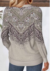 Gray Brown tops,Tribal tops,ROTITA Tummy Coverage Tribal Print Gray Brown Round Neck Sweatshirt