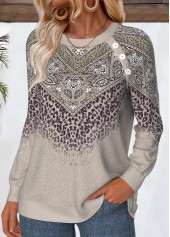 Gray Brown tops,Tribal tops,ROTITA Tummy Coverage Tribal Print Gray Brown Round Neck Sweatshirt