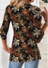 Black tops,Floral tops,Plants tops,ROTITA Tummy Coverage Floral Print Black V Neck T Shirt