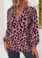 Pink tops,Leopard tops,Animal Print tops,ROTITA Tummy Coverage Leopard Pink Split Neck Long Sleeve Blouse