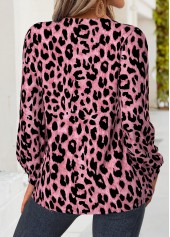 Pink tops,Leopard tops,Animal Print tops,ROTITA Tummy Coverage Leopard Pink Split Neck Long Sleeve Blouse