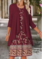 ROTITA Tummy Coverage Floral Print Wine Red Dress and Cardigan