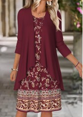 Wine Red dresses,Floral dresses,Plants dresses,Everyday dresses,Casual dresses,ROTITA Tummy Coverage Floral Print Wine Red Dress and Cardigan
