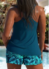 Peacock Blue swimwear,Plants swimwear,ROTITA Tummy Coverage Peacock Blue Leaf Print Tankini Set