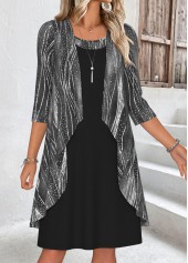 schwarzes Kleid und Strickjacke mit geometrischem Muster und Bauchbedeckung von Rotita