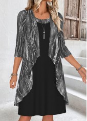 Black dresses,Geometric dresses,Everyday dresses,Casual dresses,ROTITA Tummy Coverage Geometric Print Black Dress and Cardigan