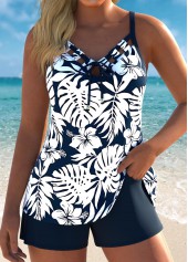 ROTITA Bowknot Navy Floral Print Mid Waisted Tankini Set