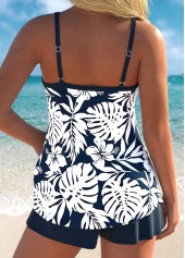 Navy swimwear,Floral swimwear,Plants swimwear,ROTITA Bowknot Navy Floral Print Mid Waisted Tankini Set