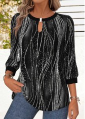 Rotita-Bluse mit Bauchbedeckung Ombré-Effekt schwarzem Rundhalsausschnitt und 3/4-Ärmeln