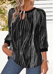 Black tops,Ombre tops,ROTITA Tummy Coverage Ombre Black Round Neck 3/4 Sleeve Blouse