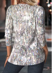 Silvery White tops,Dazzle Colorful tops,ROTITA Tuck Stitch Dazzle Colorful Print Silvery White Blouse