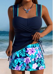 ROTITA Tummy Coverage Navy Tropical Plants Print Tankini Set
