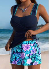 Navy swimwear,Plants swimwear,ROTITA Tummy Coverage Navy Tropical Plants Print Tankini Set