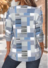 Dusty Blue tops,Geometric tops,ROTITA Tummy Coverage Geometric Print Dusty Blue Split Neck Sweatshirt