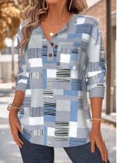 Dusty Blue tops,Geometric tops,ROTITA Tummy Coverage Geometric Print Dusty Blue Split Neck Sweatshirt