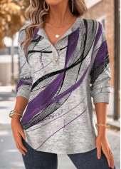 Rotita Sweatshirt mit Bauchbedeckung geometrischem Muster und lila V-Ausschnitt