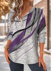 Purple tops,Geometric tops,ROTITA Tummy Coverage Geometric Print Purple Split Neck Sweatshirt