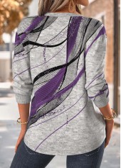Purple tops,Geometric tops,ROTITA Tummy Coverage Geometric Print Purple Split Neck Sweatshirt