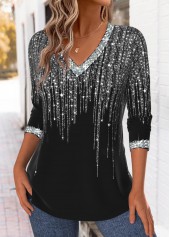Black tops,Ombre tops,ROTITA Tummy Coverage Ombre Black V Neck T Shirt