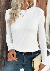 White tops,Plain Color tops,ROTITA Tuck Stitch White Round Neck Long Sleeve T Shirt